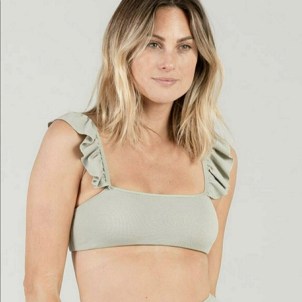 Rylee + Cru ruffle sleeve bikini top seafoam pique